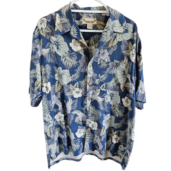 Paradise Coves Other - Paradise Coves Mens Size L 100% Silk Hawaiian Aloha Shirt Blue Floral Leaves